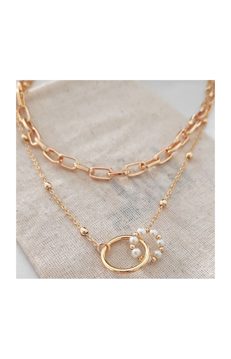 Collier double - Laiton plaqué or & perles synthétiques multicolores