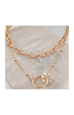 Collier double - Laiton plaqué or & perles synthétiques multicolores