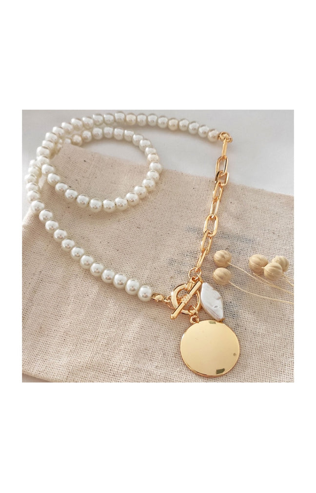 Collier - Laiton plaqué or & perles blanches