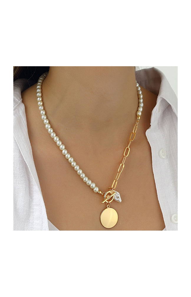 Collier - Laiton plaqué or & perles blanches