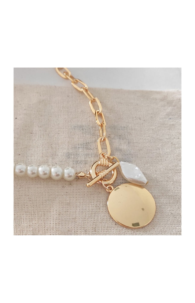 Collier - Laiton plaqué or & perles blanches