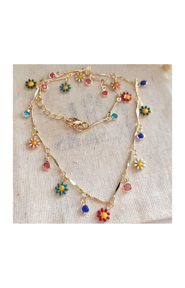 Collier fleurs - Laiton plaqué or & pierres multicolores