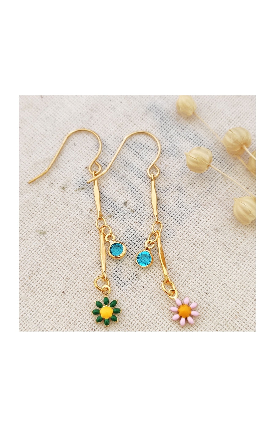 Boucles d'oreilles fleurs - Laiton plaqué or & pierres multicolores