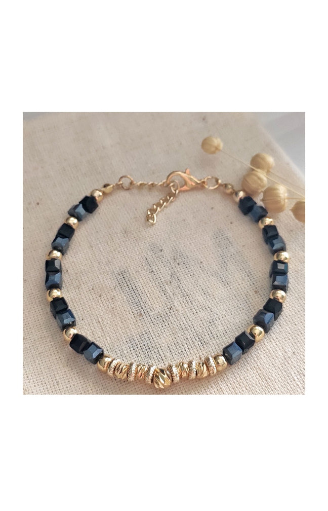 Bracelet ajustable - Laiton plaqué or & perles noires