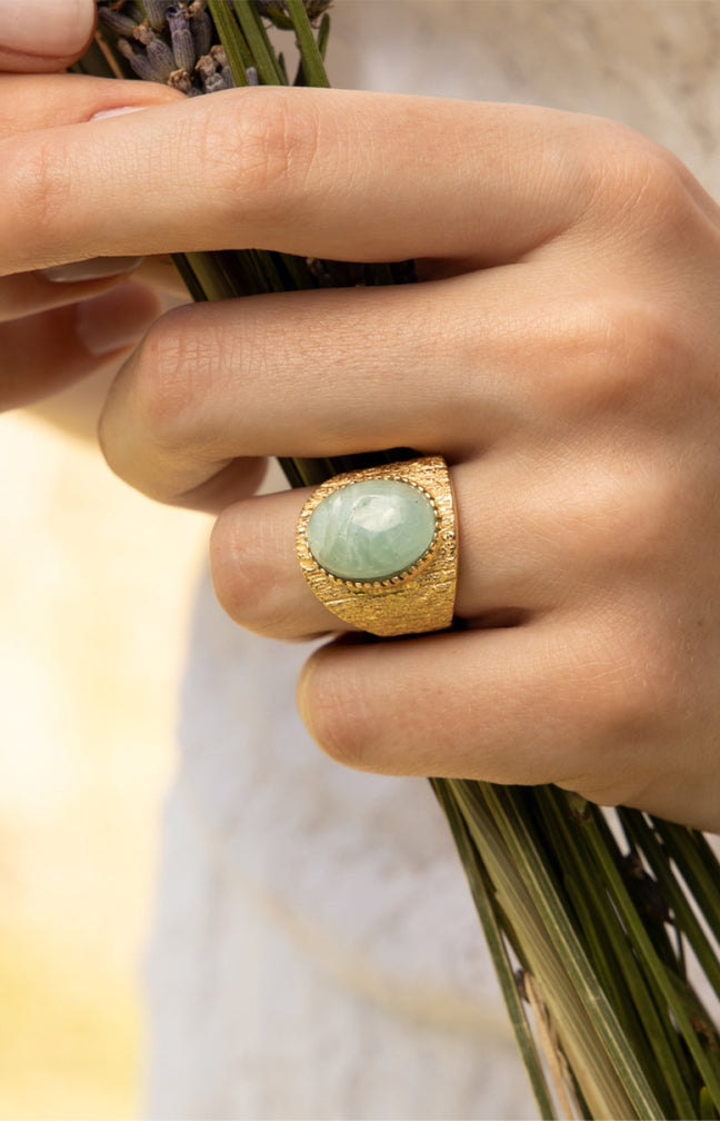 Bague ajustable - Laiton doré & amazonite verte