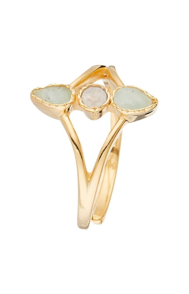 Bague ajustable Feuilles - Laiton doré, amazonite verte & pierre de lune arc-en-ciel