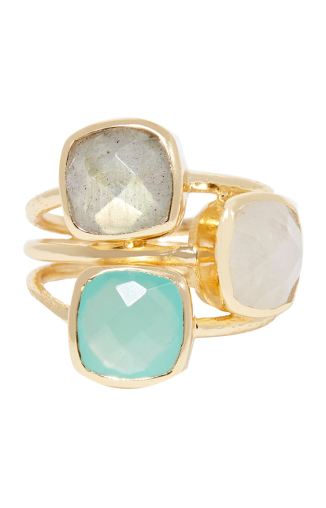 Bague Elsa - Laiton doré, aqua calci, labradorite & pierre de lune