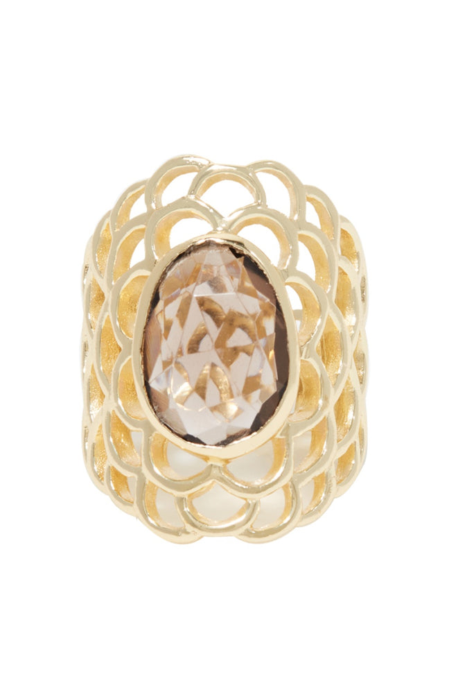 Bague ajustable Colombe - Laiton doré & quartz fumé