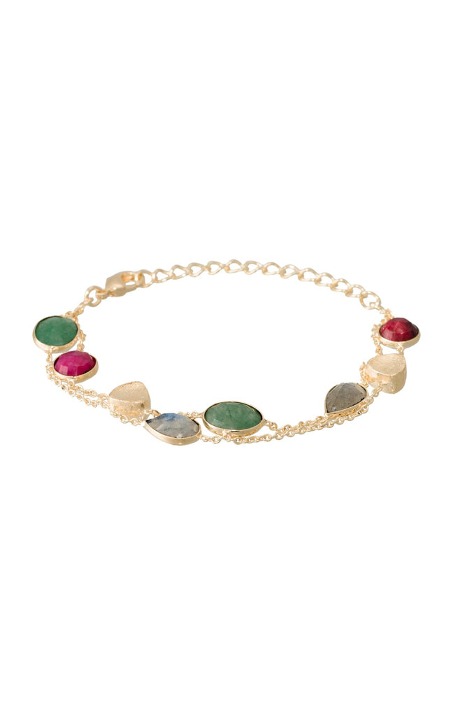 Bracelet Théa - Laiton doré, aventurine Verte,  labradorite & rubis rouge
