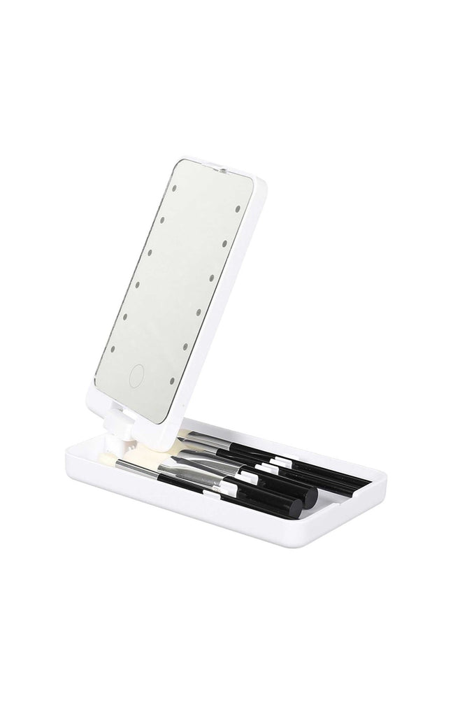 Miroir LED pliable avec compartiments & pinceaux - Blanc