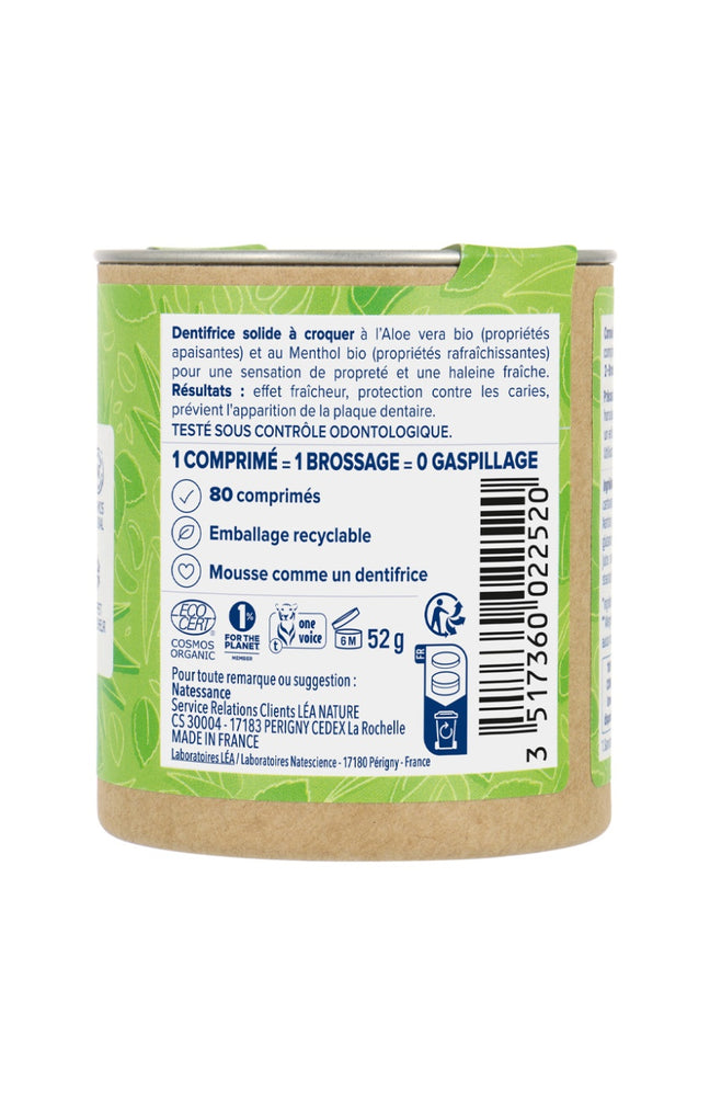 Dentifrice à croquer bio - Aloe vera & menthol - 80 unités