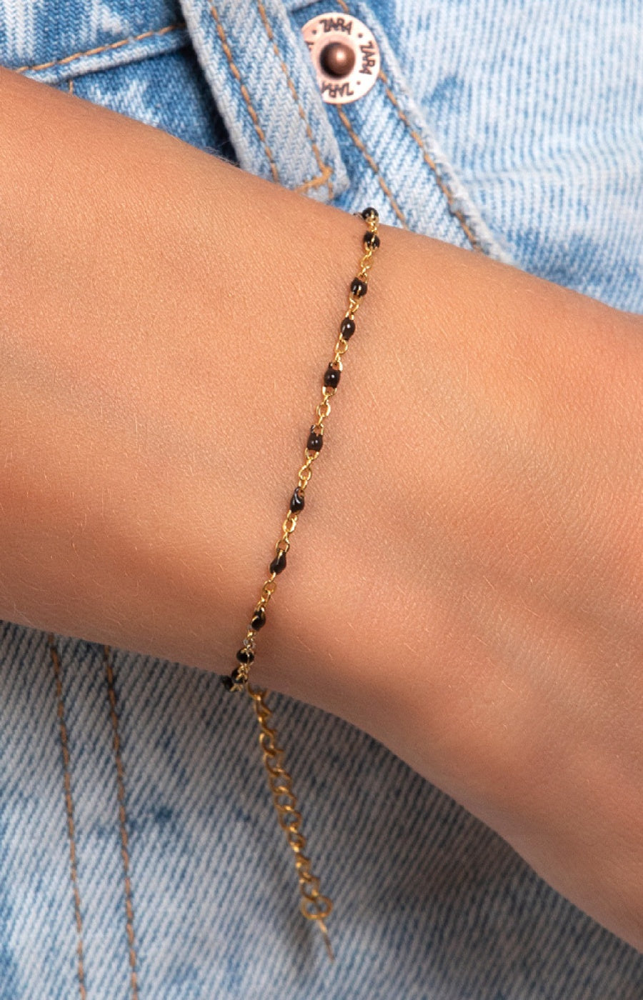 Bracelet - Acier inoxydable doré à l'or fin & perles noires