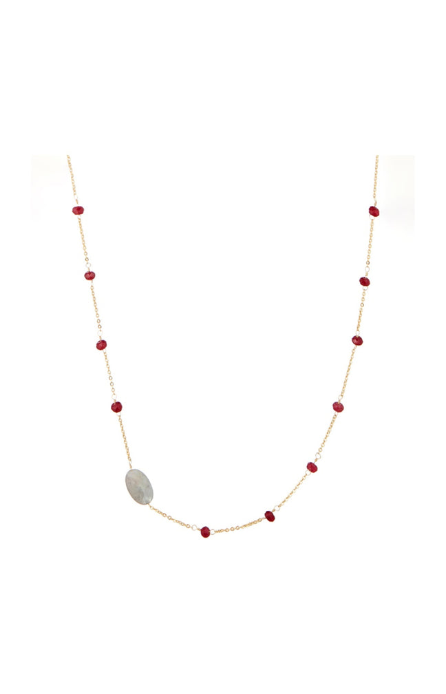 Collier Anabelle - Laiton doré, labradorite & jade rouge