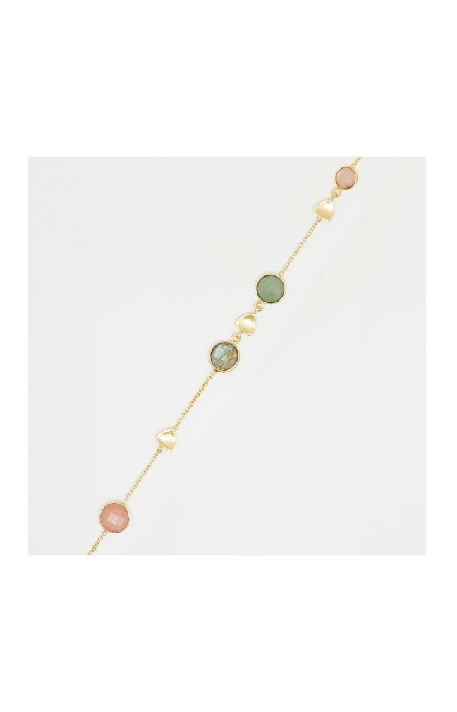 Bracelet Augustine - Laiton doré, pierre de lune pêche, quartz, aventurine verte & labradorite