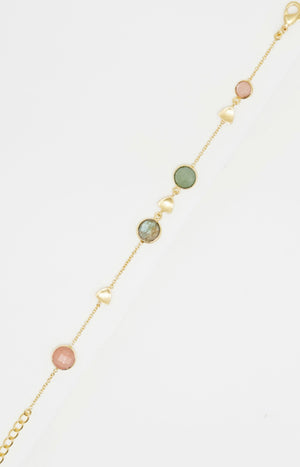 Bracelet Augustine - Laiton doré, pierre de lune pêche, quartz, aventurine verte & labradorite
