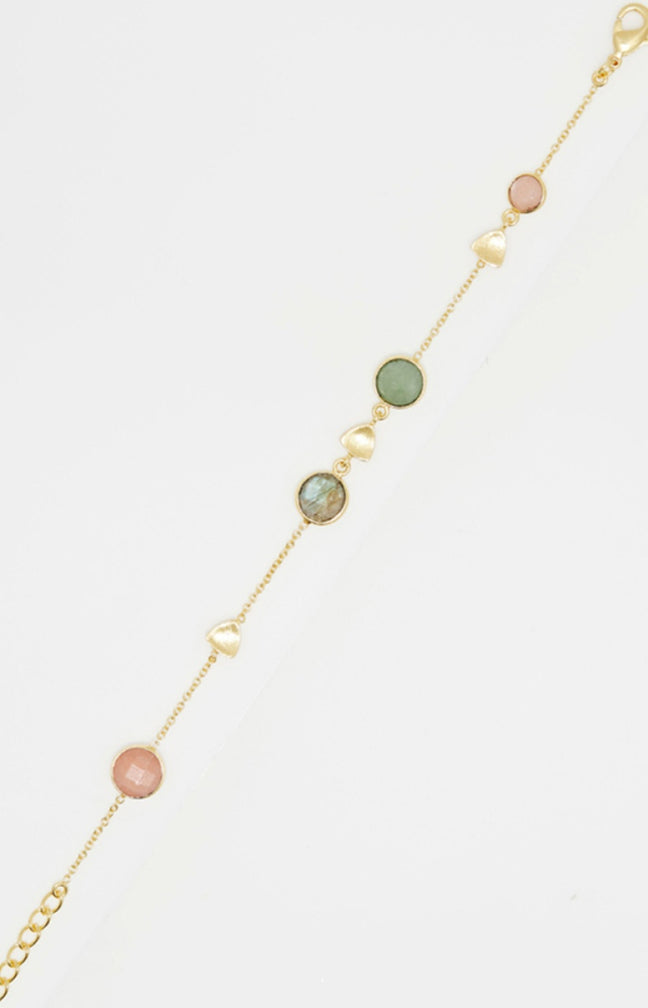 Bracelet Augustine - Laiton doré, pierre de lune pêche, quartz, aventurine verte & labradorite