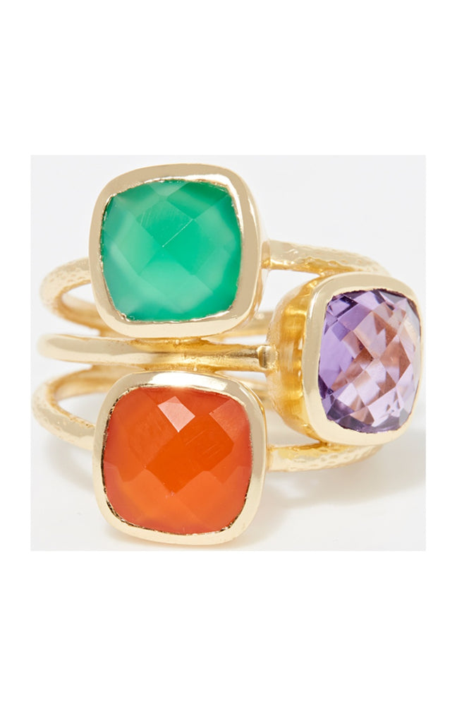 Bague Elsa - Laiton doré, onyx verte, cornaline & améthyste