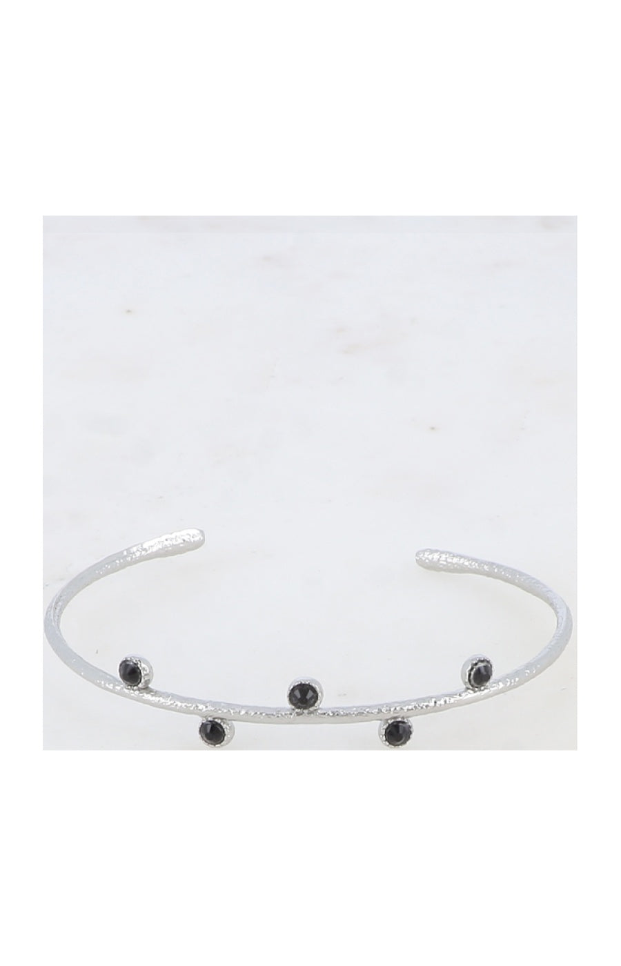 Jonc texturé - Acier inoxydable argenté & strass noir
