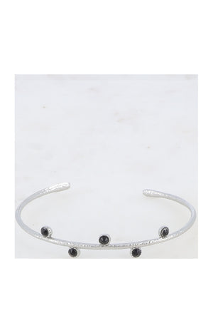 Jonc texturé - Acier inoxydable argenté & strass noir
