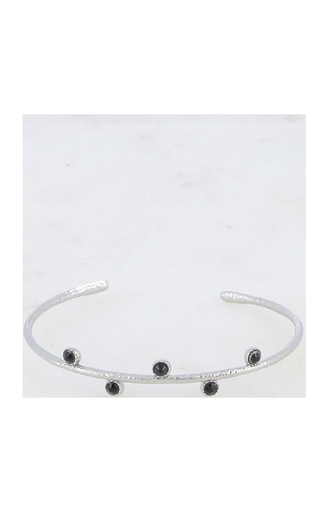 Jonc texturé - Acier inoxydable argenté & strass noir