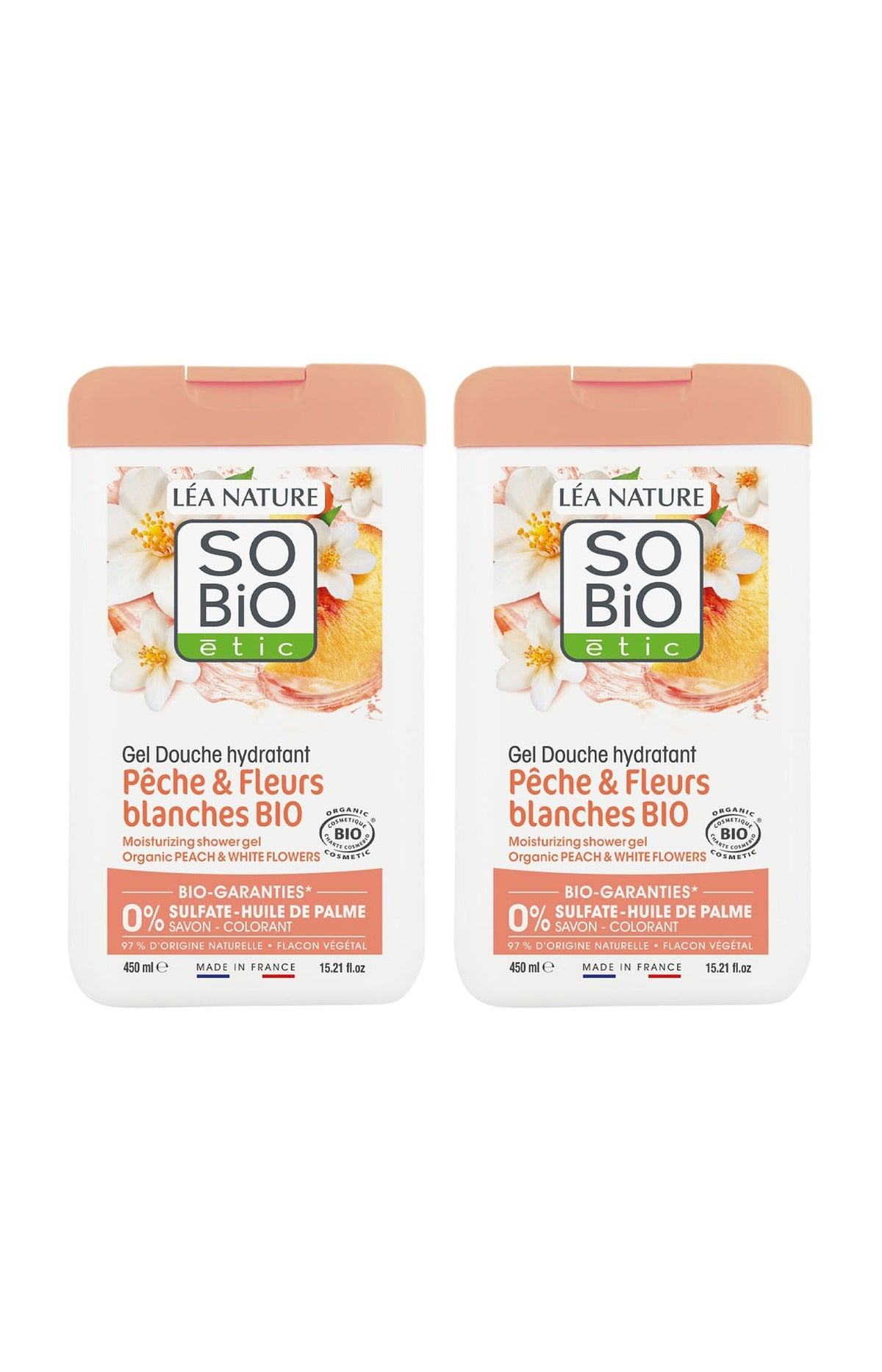 Gels douche bio hydratants - Pêche & fleurs blanche - 2 x 450 ml