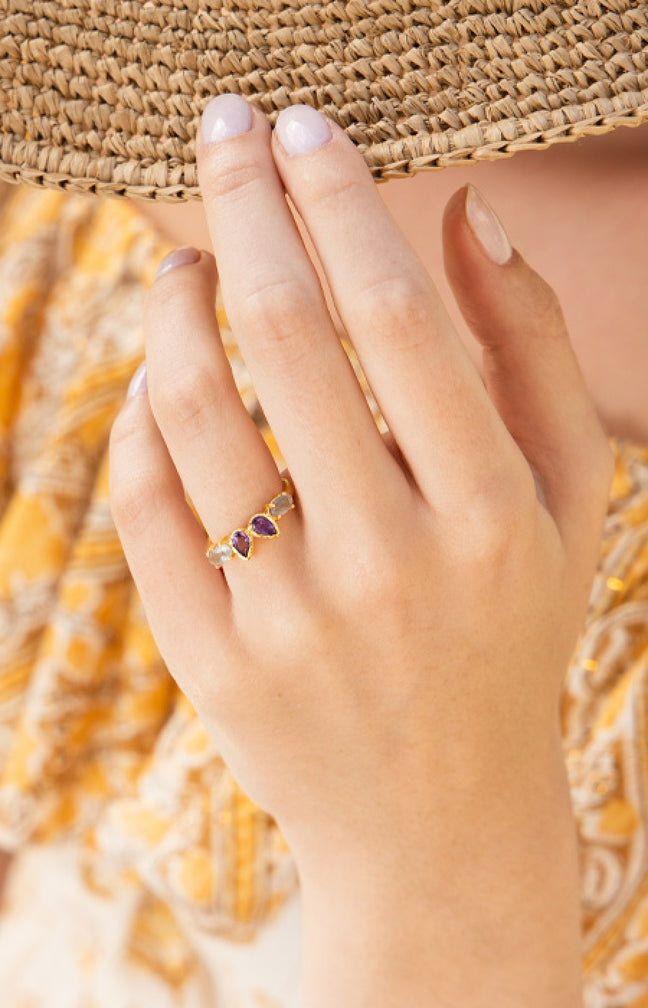 Bague Melinda - Laiton doré, améthyste & labradorite