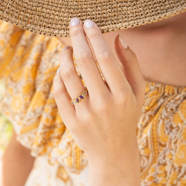 Bague Melinda - Laiton doré, améthyste & labradorite