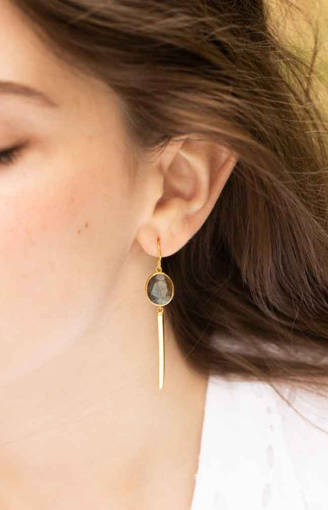 Boucles d'oreilles Salma - Laiton doré & labradorite gris