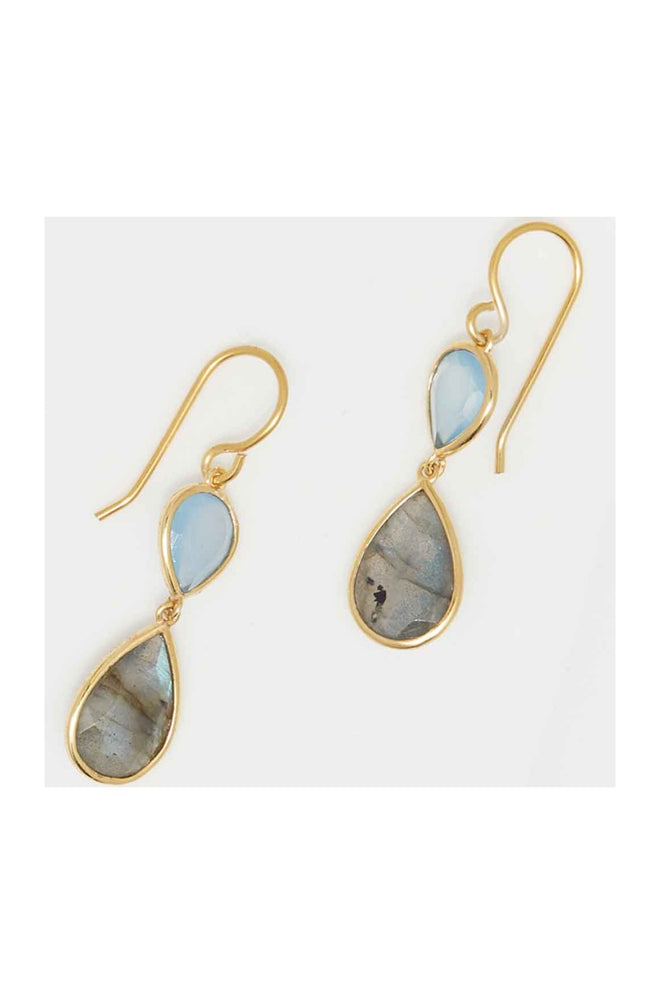 Boucles d'oreilles Alice - Laiton doré, calcite bleu & labradorite gris