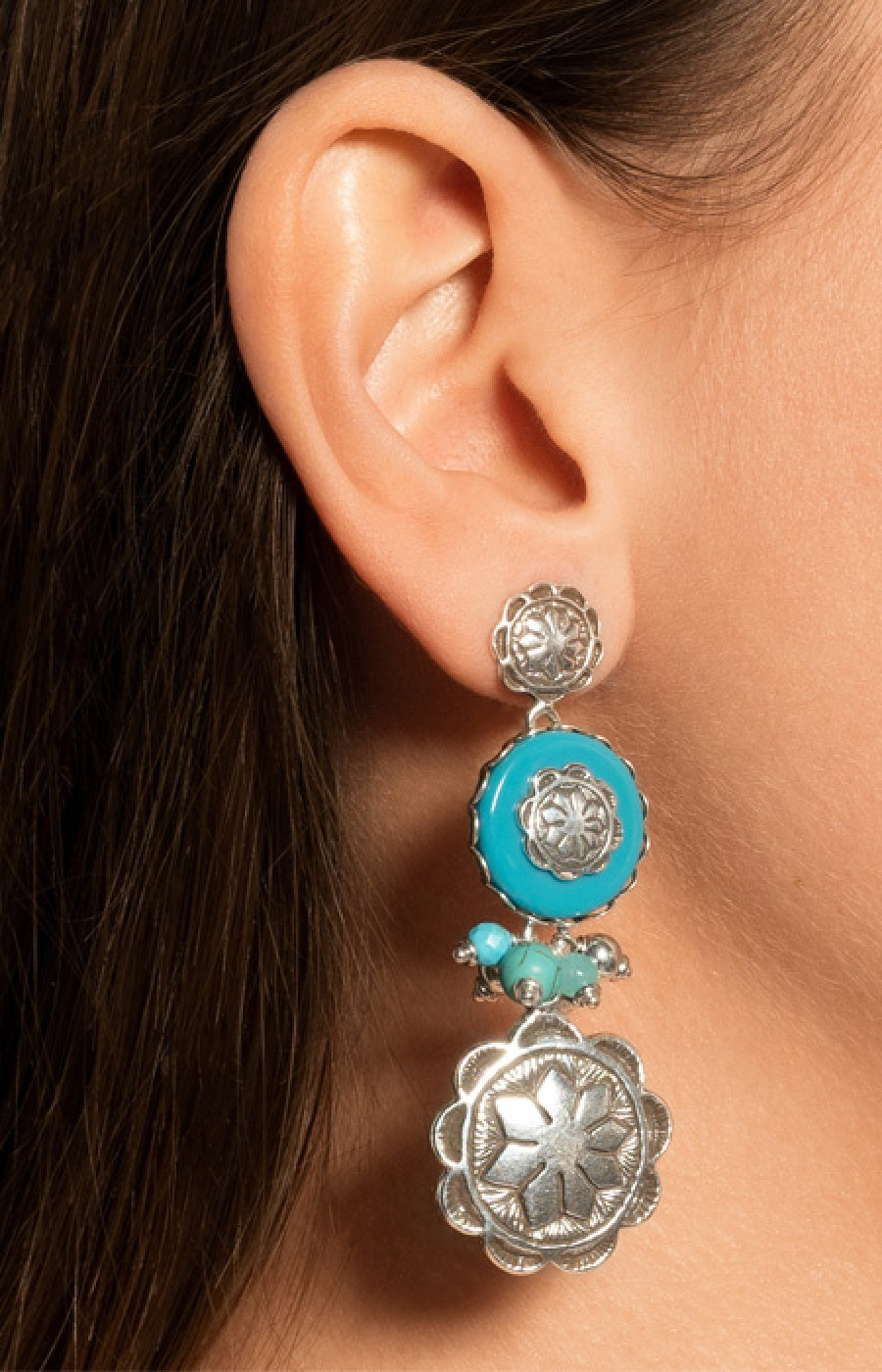 Boucles d'oreilles Amazones - Métal argenté & turquoise