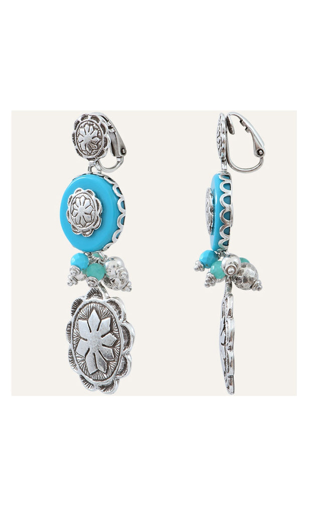 Boucles d'oreilles Amazones - Métal argenté & turquoise