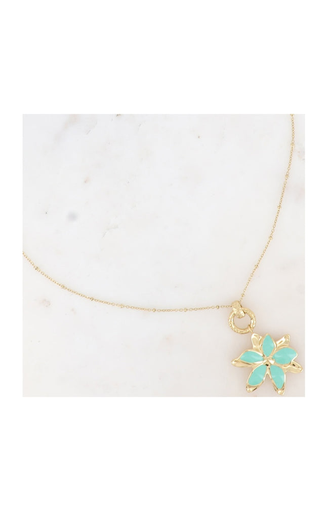 Collier Magnolia - Acier inoxydable doré & fleur vert glacé