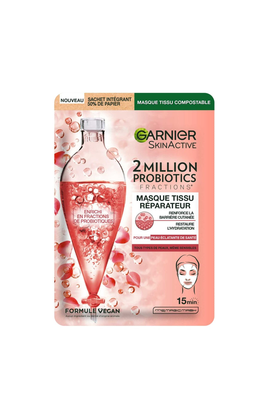 Masque en tissu réparateur - SkinActive - Probiotiques - Visage - 3 unités