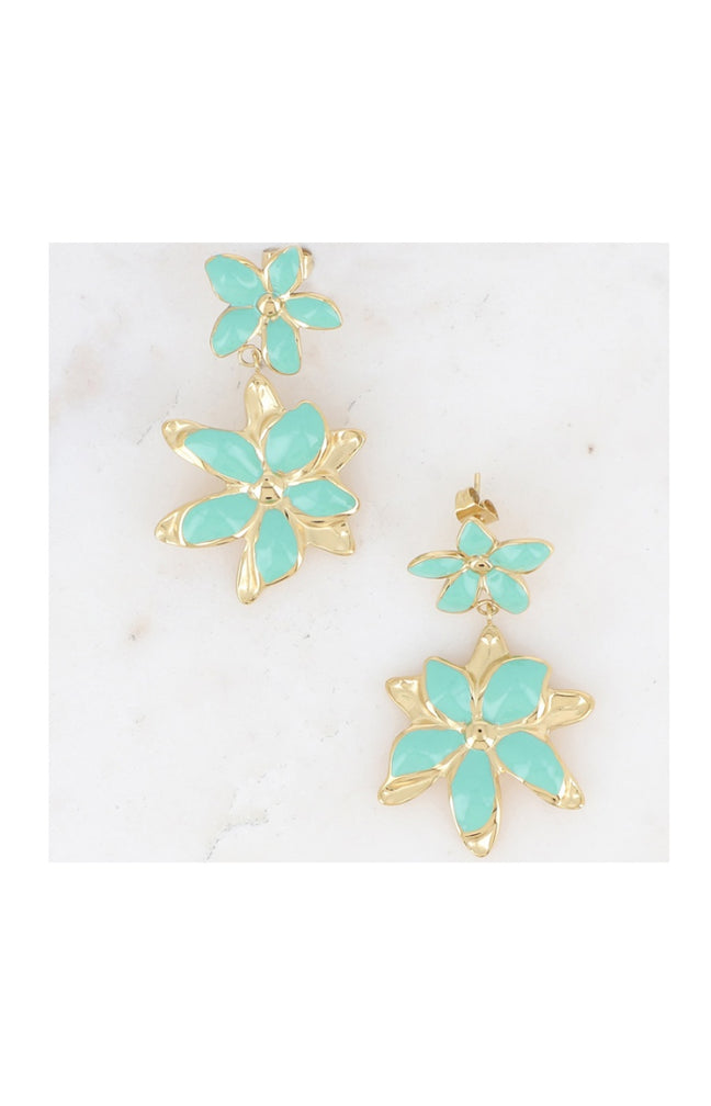 Boucles pendantes Magnolia - Acier inoxydable doré & fleur vert glacé