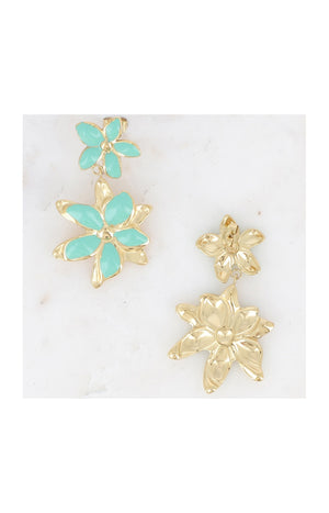 Boucles pendantes Magnolia - Acier inoxydable doré & fleur vert glacé