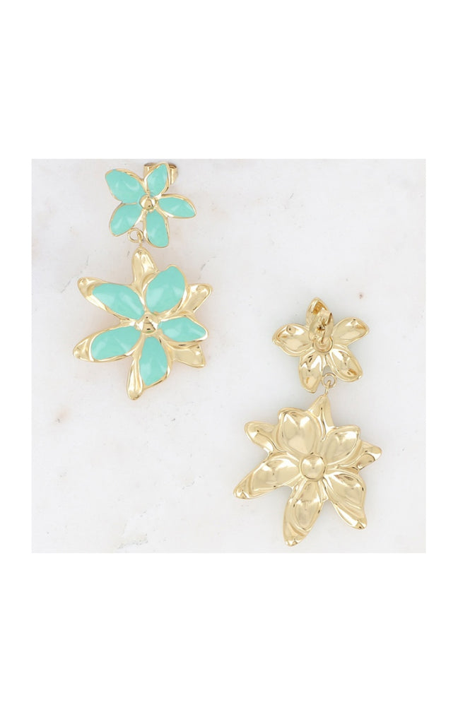 Boucles pendantes Magnolia - Acier inoxydable doré & fleur vert glacé