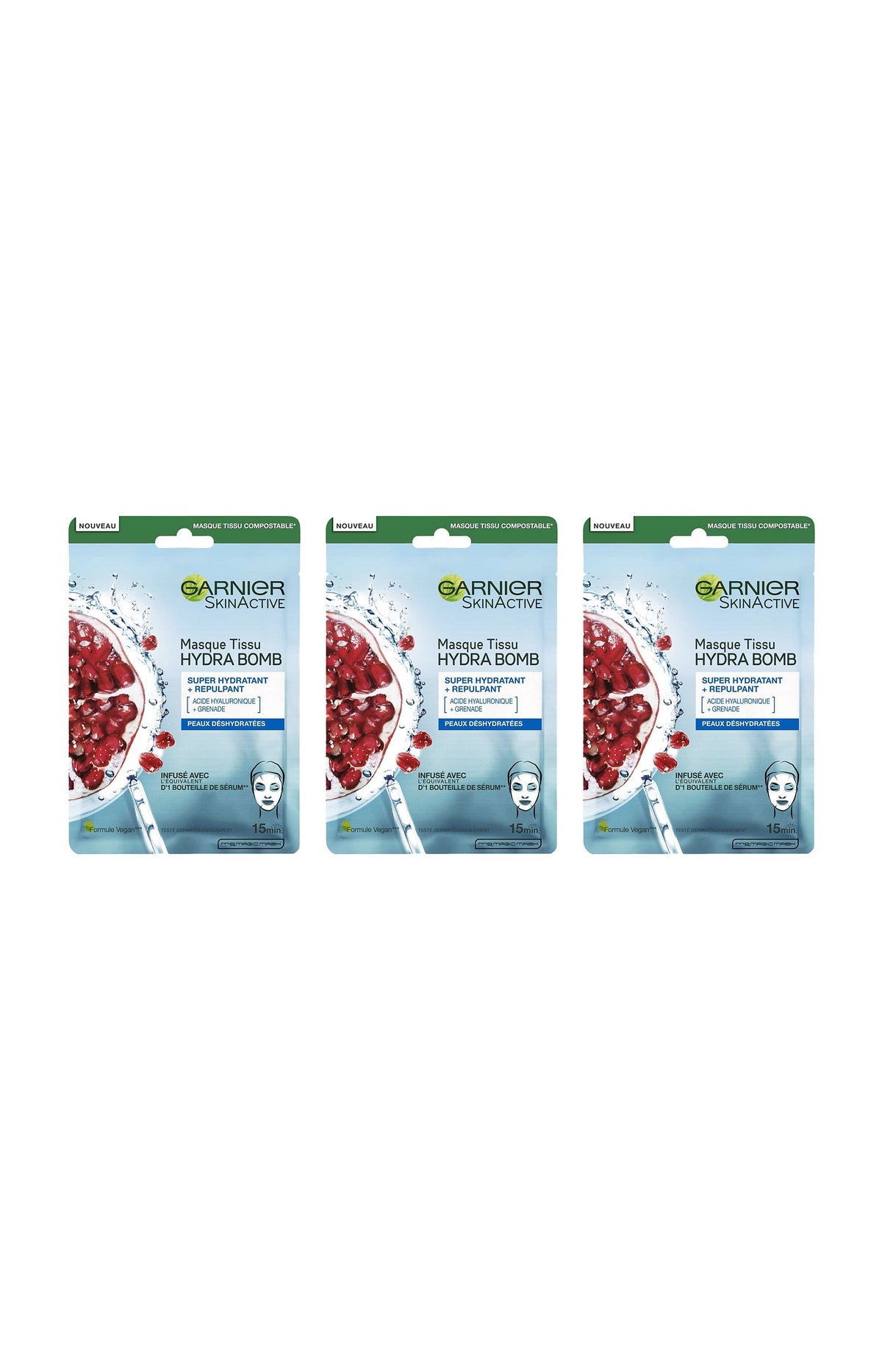 3 masques en tissu hydratant & repulpant - Grenade & acide hyaluronique - Peaux déshydratées