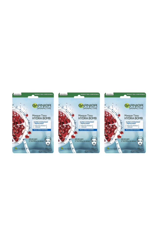 3 masques en tissu hydratant & repulpant - Grenade & acide hyaluronique - Peaux déshydratées