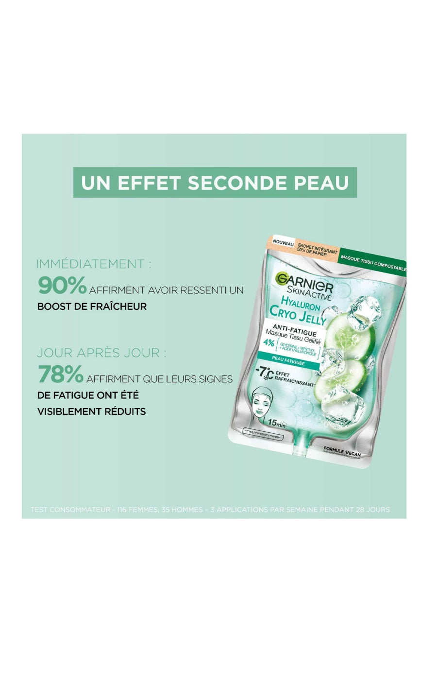 Masque en tissu anti-fatigue - CryoJelly - Glycérine & acide hyaluronique - Visage - 1 unité