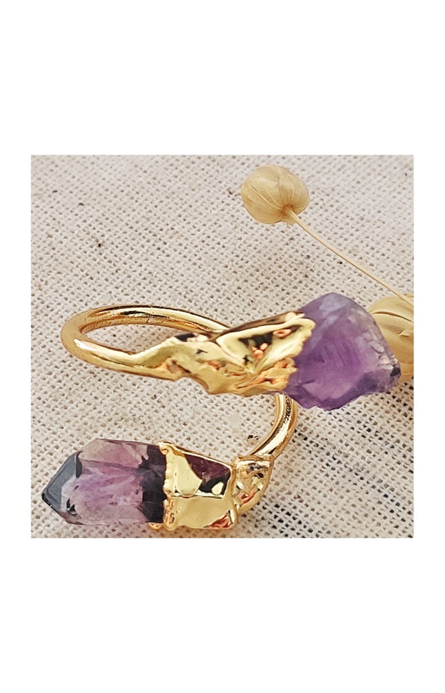 Bague ajustable - Laiton plaqué or & améthyste