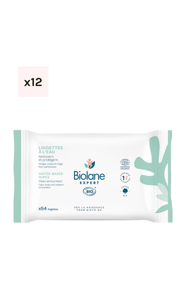 Lingettes nettoyantes à l'eau bio - Visage & corps - Bébé - 12 x 54 unités