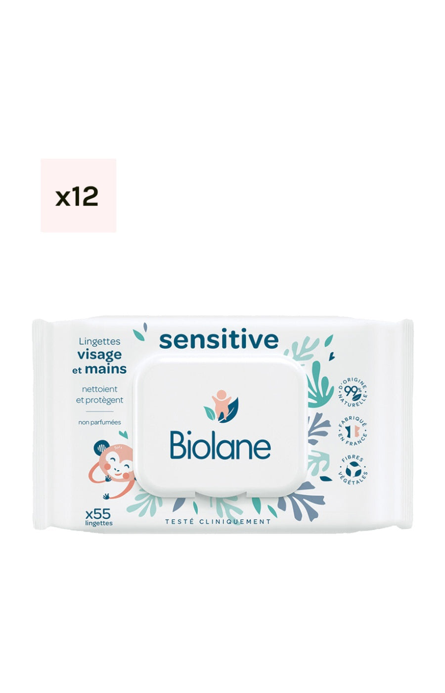 Lingettes sensitive - Visage & mains - Bébé - 12 x 55 unités