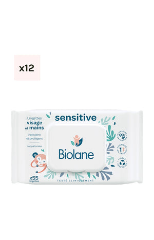 Lingettes sensitive - Visage & mains - Bébé - 12 x 55 unités