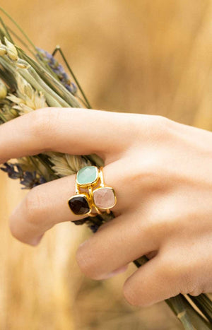 Bague Elsa - Laiton doré, quartz rose, aqua calci & quartz fumé