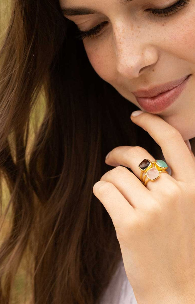 Bague Elsa - Laiton doré, quartz rose, aqua calci & quartz fumé