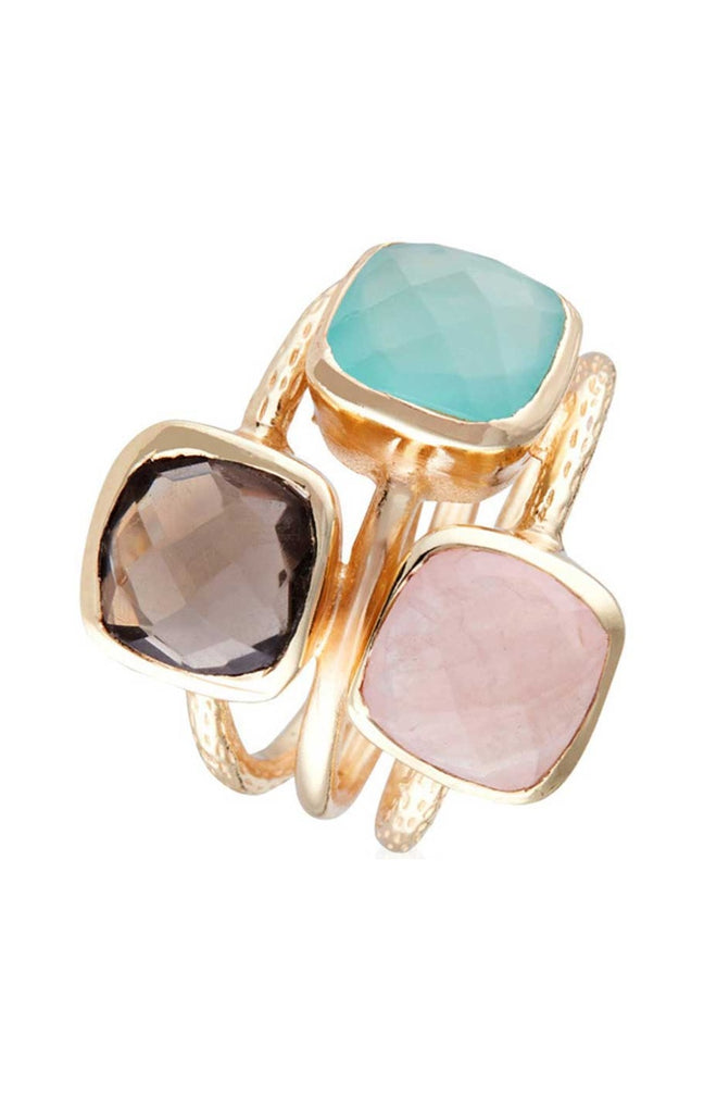 Bague Elsa - Laiton doré, quartz rose, aqua calci & quartz fumé