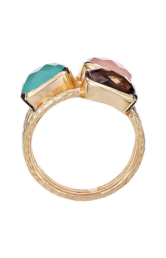 Bague Elsa - Laiton doré, quartz rose, aqua calci & quartz fumé