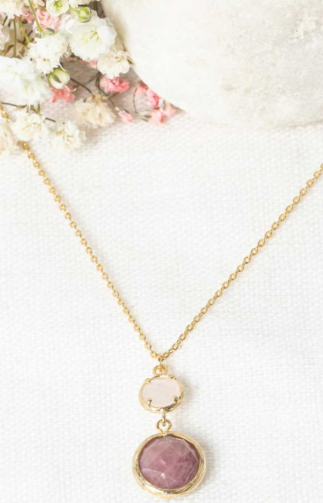 Collier Maé - Laiton doré, quartz rouge & quartz rose