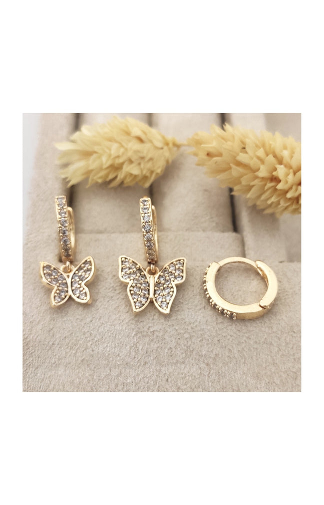 Triples boucles d'oreilles papillons - Laiton plaqué & pierres de zircon