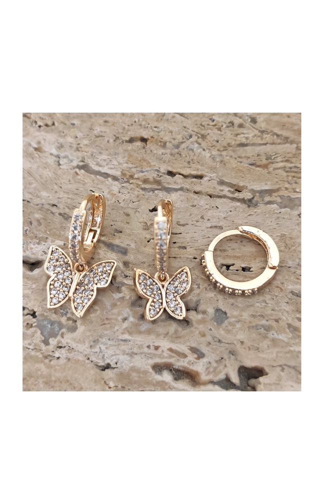 Triples boucles d'oreilles papillons - Laiton plaqué & pierres de zircon
